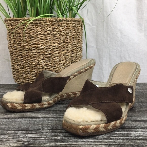 Ugg Brown Suede Margot Wedge Slide On Heel Sandal Shoe 6 - Picture 1 of 9